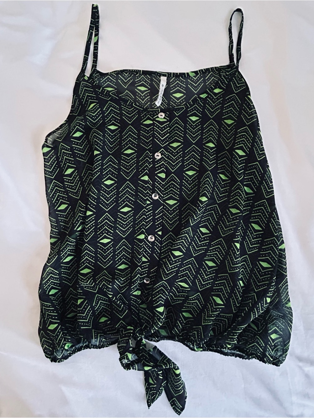 B Jewel Black Tank Top with Green Geometric Print and Tie Hem